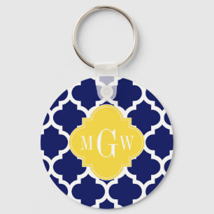 Navy Wht Moroccan #5 Pineapple 3 Initial Monogram Key Ring