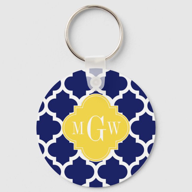 Navy Wht Moroccan #5 Pineapple 3 Initial Monogram Key Ring (Front)