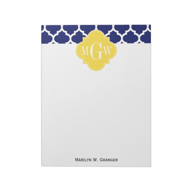 Navy Wht Moroccan #5 Pineapple 3 Initial Monogram Notepad (Rotated)