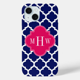 Navy Wht Moroccan #5 Raspberry 3 Initial Monogram iPhone 15 Case