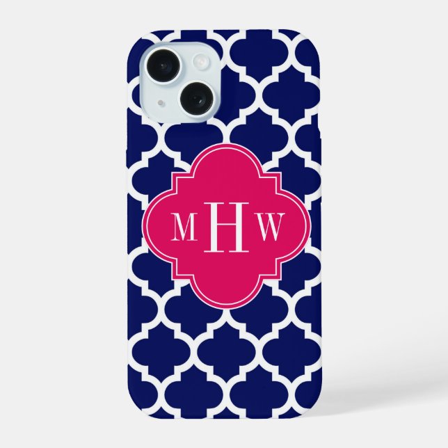 Navy Wht Moroccan #5 Raspberry 3 Initial Monogram iPhone 15 Case (Back)