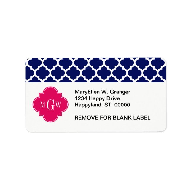 Navy Wht Moroccan #5 Raspberry 3 Initial Monogram Label (Front)