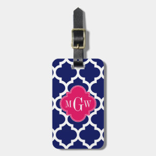 Navy Wht Moroccan #5 Raspberry 3 Initial Monogram Luggage Tag