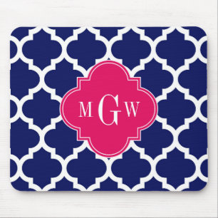 Navy Wht Moroccan #5 Raspberry 3 Initial Monogram Mouse Mat