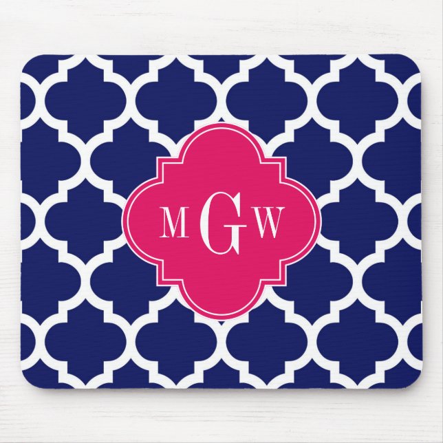Navy Wht Moroccan #5 Raspberry 3 Initial Monogram Mouse Mat (Front)