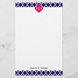Navy Wht Moroccan #5 Raspberry 3 Initial Monogram Stationery
