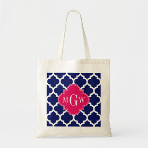 Navy Wht Moroccan #5 Raspberry 3 Initial Monogram Tote Bag
