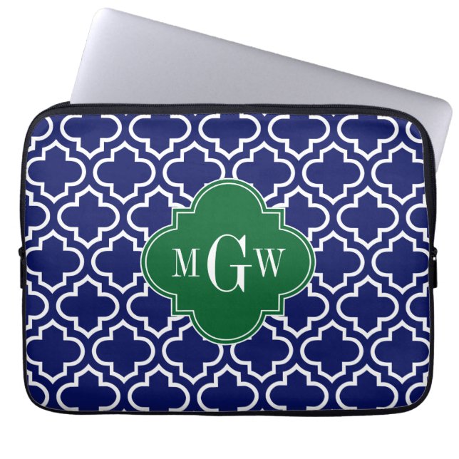Navy Wht Moroccan #6 Forest Grn 3 Initial Monogram Laptop Sleeve (Front)
