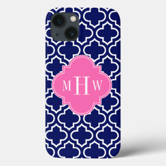 Navy Wht Moroccan #6 Hot Pink 3 Initial Monogram iPhone 13 Case