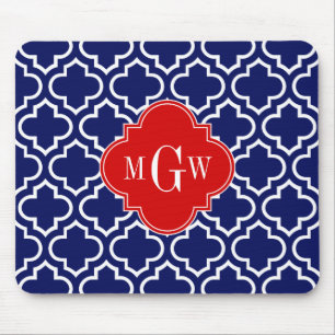 Navy Wht Moroccan #6 Red 3 Initial Monogram Mouse Mat