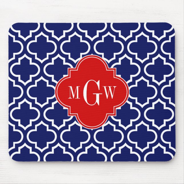 Navy Wht Moroccan #6 Red 3 Initial Monogram Mouse Mat (Front)