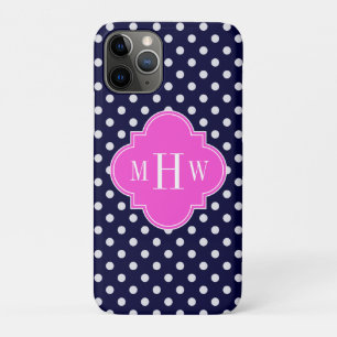 Navy Wht Polka Dot Hot Pink Quatrefoil 3 Monogram iPhone 11 Pro Case