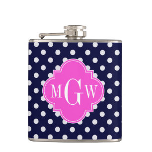 Navy Wht Polka Dot Hot Pink Quatrefoil 3 Monogram Hip Flask