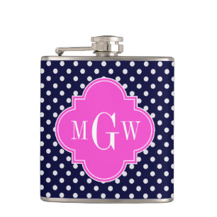 Navy Wht Polka Dot Hot Pink Quatrefoil 3 Monogram Hip Flask