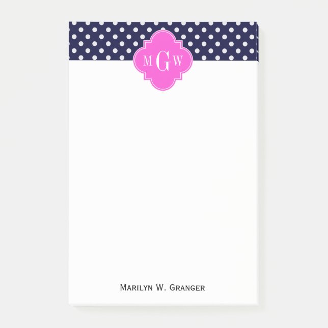 Navy Wht Polka Dot Hot Pink Quatrefoil 3 Monogram Post-it Notes (Front)