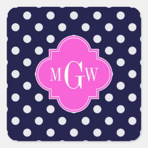 Navy Wht Polka Dot Hot Pink Quatrefoil 3 Monogram Square Sticker