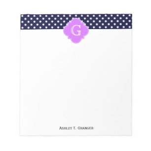 Navy Wht Polka Dot Lilac Quatrefoil Monogram Notepad