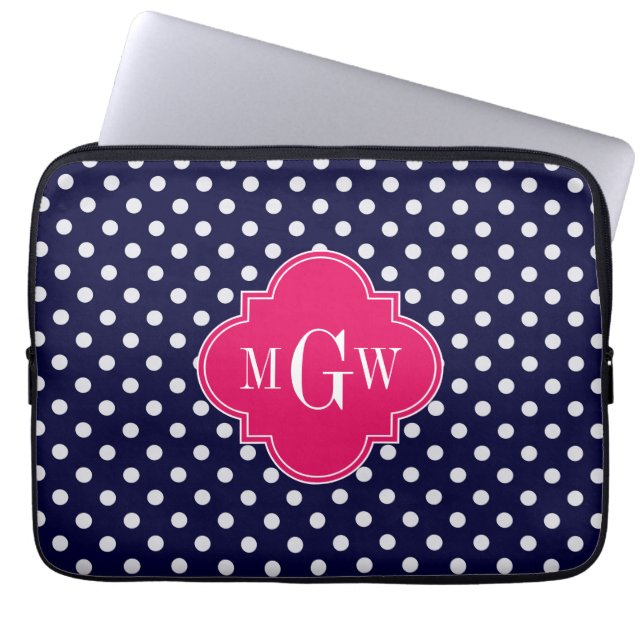 Navy Wht Polka Dot Raspberry Quatrefoil 3 Monogram Laptop Sleeve (Front)
