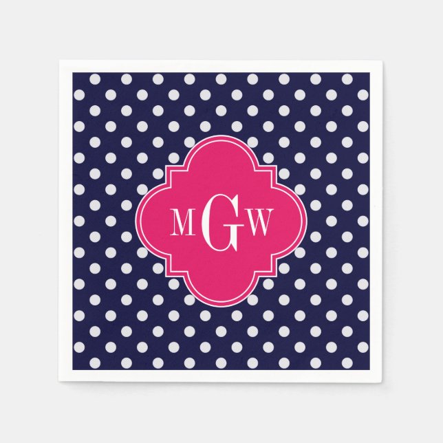 Navy Wht Polka Dot Raspberry Quatrefoil 3 Monogram Napkin (Front)