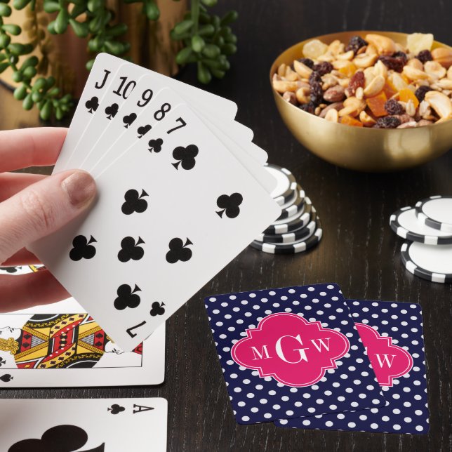 Navy Wht Polka Dot Raspberry Quatrefoil 3 Monogram Playing Cards (In Situ)