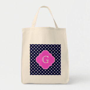 Navy Wht Polka Dots Hot Pink Quatrefoil Monogram Tote Bag