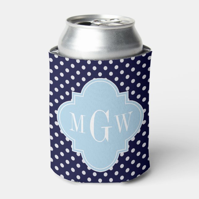 Navy Wht Polka Dots Lt Blue Quatrefoil 3 Monogram Can Cooler (Can Front)