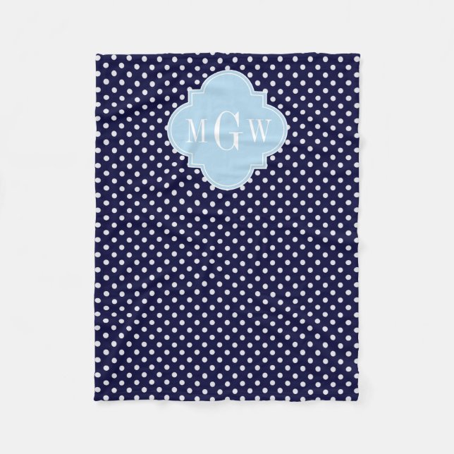 Navy Wht Polka Dots Lt Blue Quatrefoil 3 Monogram Fleece Blanket (Front)