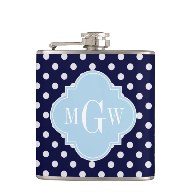 Navy Wht Polka Dots Lt Blue Quatrefoil 3 Monogram Hip Flask (Front)