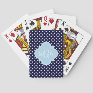 Navy Wht Polka Dots Lt Blue Quatrefoil 3 Monogram Playing Cards