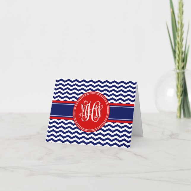 Navy Wht Red Thin Chevron 3I Vine Script Monogram Note Card (Front)