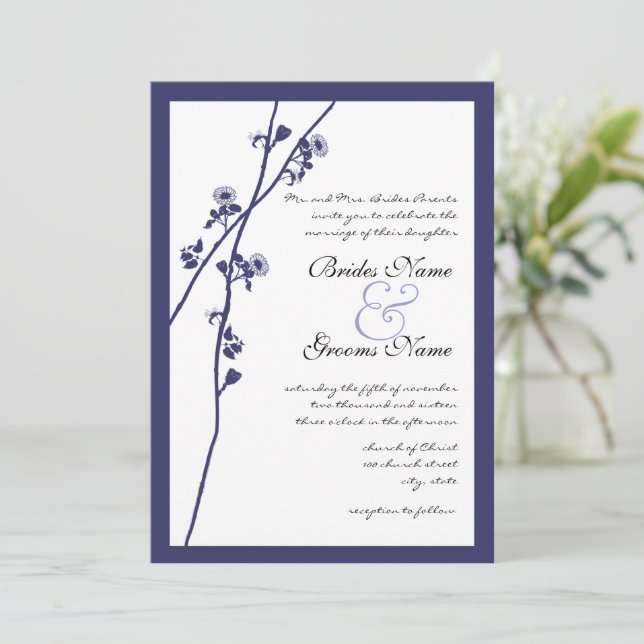Navy Wild Flower Branches Wedding Invitation (Standing Front)