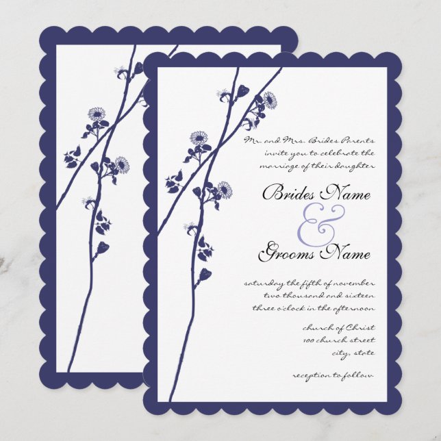 Navy Wild Flower Branches Wedding Invitation (Front/Back)