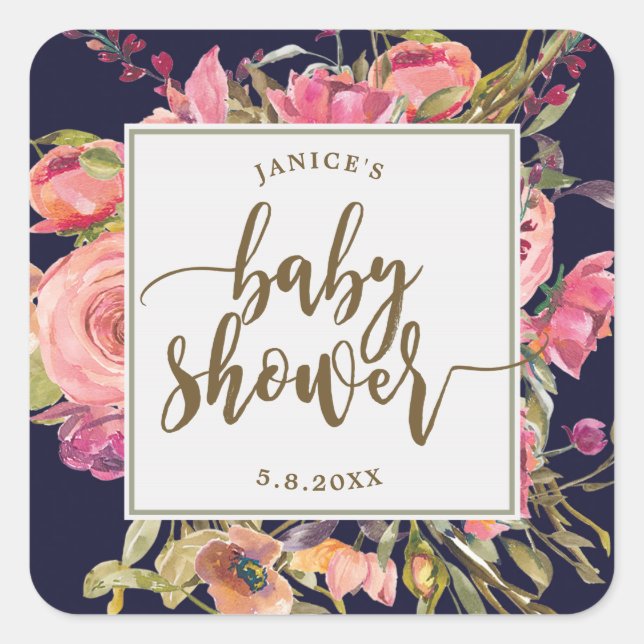 navy wildflower floral baby shower sticker favours (Front)
