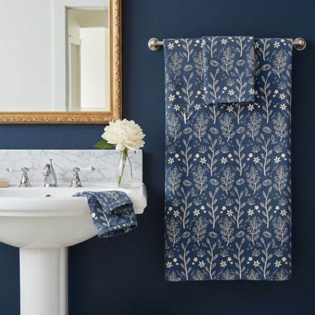 Navy Wildflower Folk Modern Boho Bath Towel Set (Creator Uploaded)