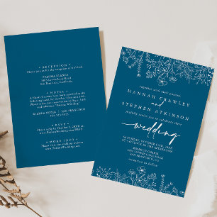 Navy Wildflower Front & Back Wedding Invitation
