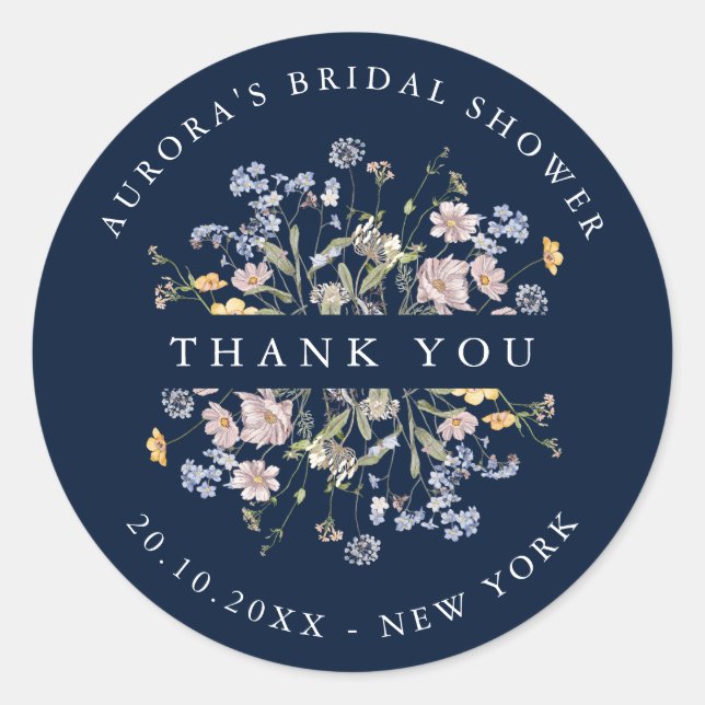 Navy Wildflower Meadow Bridal shower thank you Classic Round Sticker (Front)