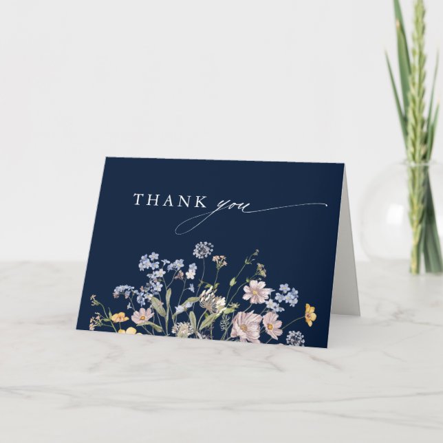 Navy Wildflower Meadow Garden Bridal Shower Thank You Card (Front)