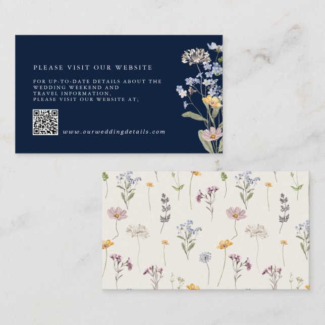 Navy Wildflower Meadow Garden Wedding Details QR Enclosure Card (Front/Back)