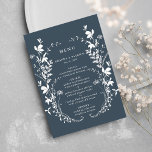 Navy Wildflower Silhouette Wreath Wedding  Menu<br><div class="desc">This elegant wedding menu features wildflowers silhouette as a wreath and initials on the back. For more advanced customisation of this design,  please click the BLUE DESIGN TOOL BUTTON above! Matching items are also available.</div>