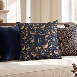 Navy William Morris Vintage Bird Floral Monogram Cushion