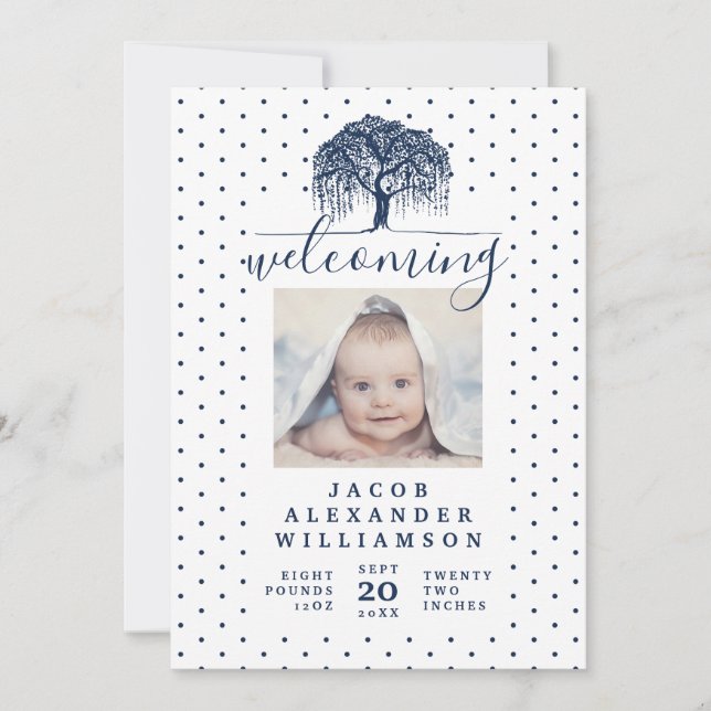 Navy Willow Family Tree Baby Birth Announcement (Front)