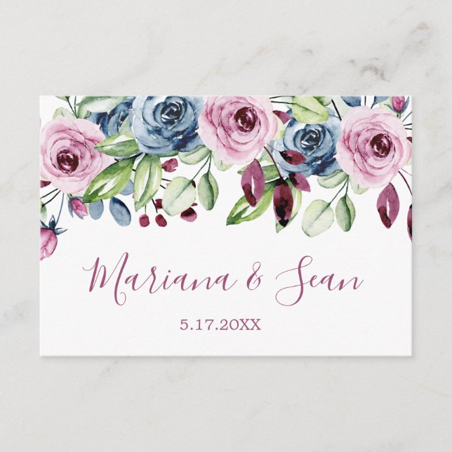 Navy Wine Floral Wedding QR Code Response Card (Front)