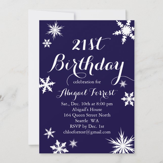 Navy Winter 21st Birthday Invitation (Front)