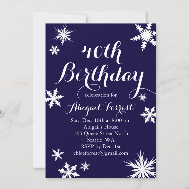 Navy Winter 40th Birthday Invitation (Front)