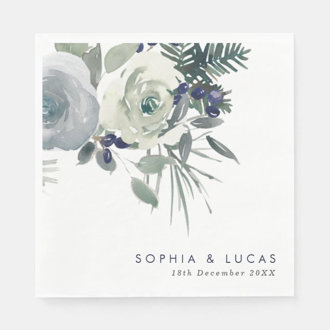 Navy Winter Floral Wedding Napkin (Front)