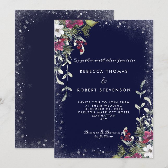 navy winter florals holiday christmas wedding invitation (Front/Back)