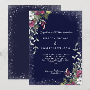 navy winter florals holiday christmas wedding invitation