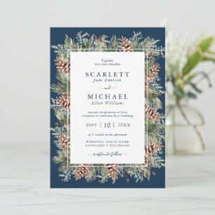 Navy Winter Greenery Holiday Wedding Invitation
