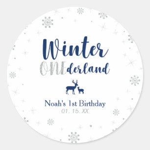 Navy Winter Onderland 1st Birthday Party Favour Classic Round Sticker