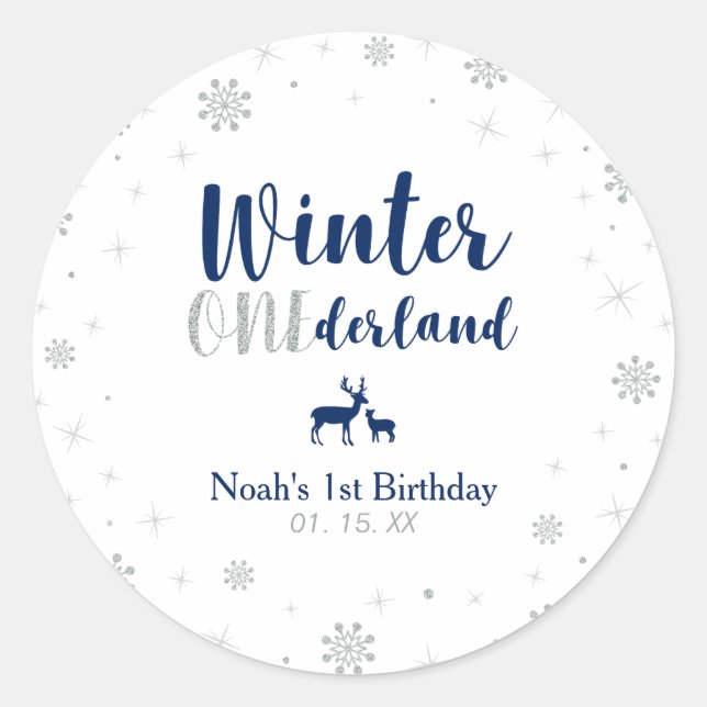 Navy Winter Onderland 1st Birthday Party Favour Classic Round Sticker (Front)